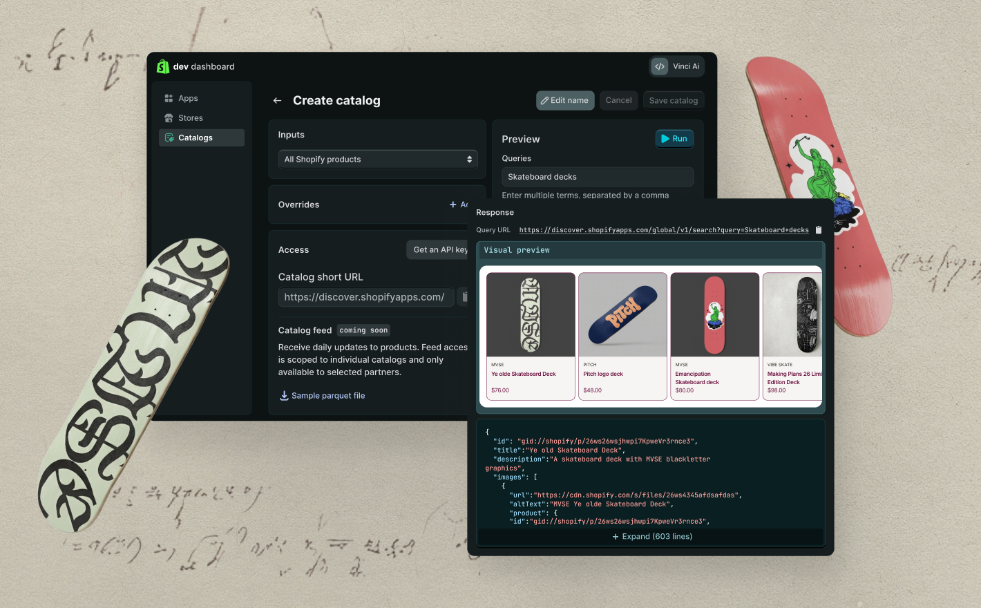 Shopify's Dev Dashboard shows agent-ready commerce surfaces assembled around a task instead of a permanent admin page.