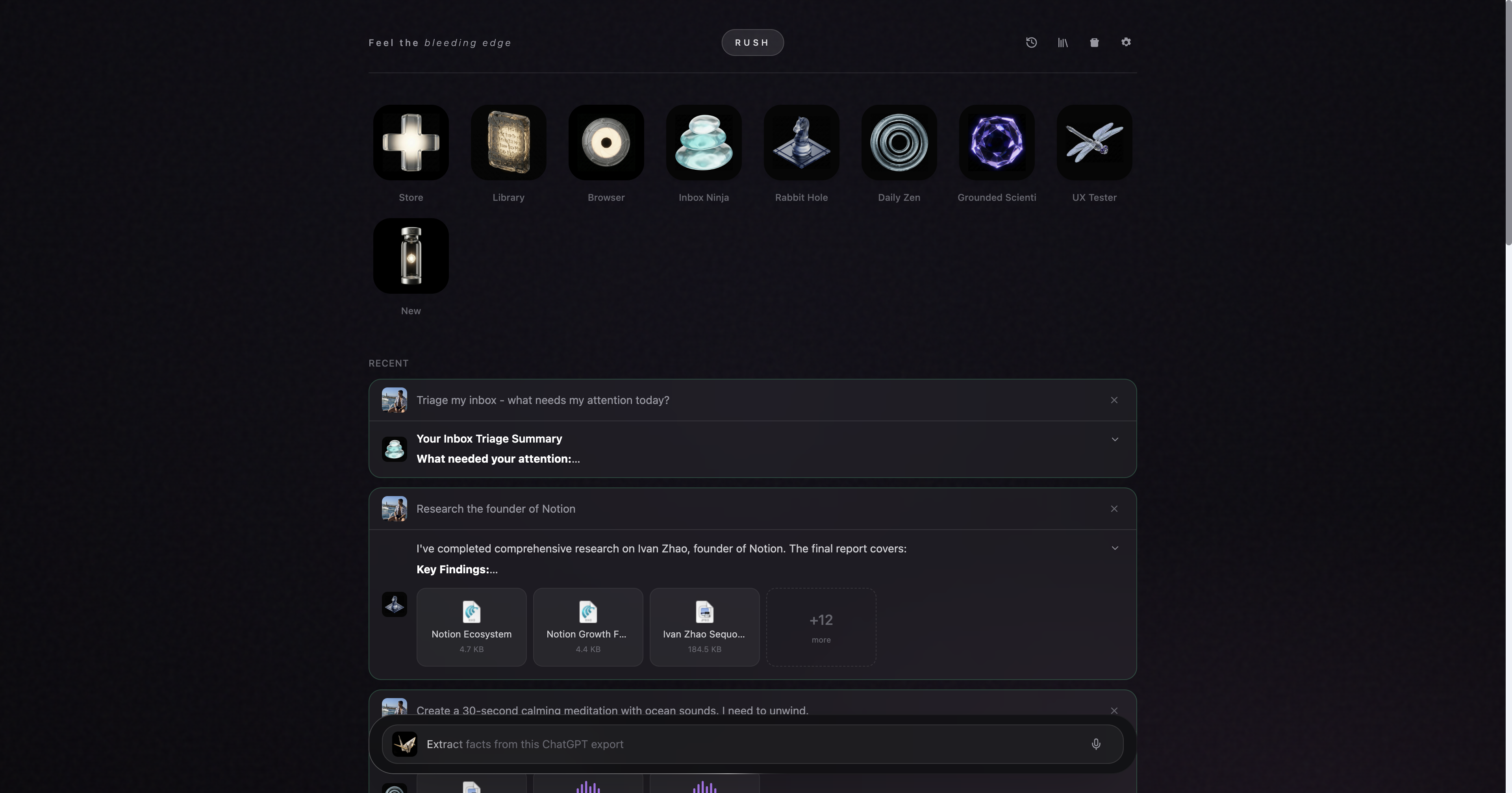 Rush home view showing multiple agent surfaces in one desktop workspace.
