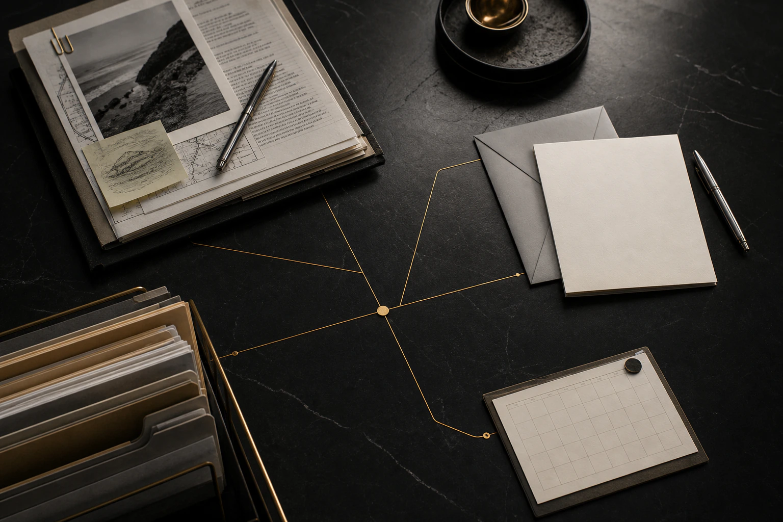 An editorial scene showing research notes, an email draft, a calendar card, and saved files connected by thin gold routing lines on a dark desk.