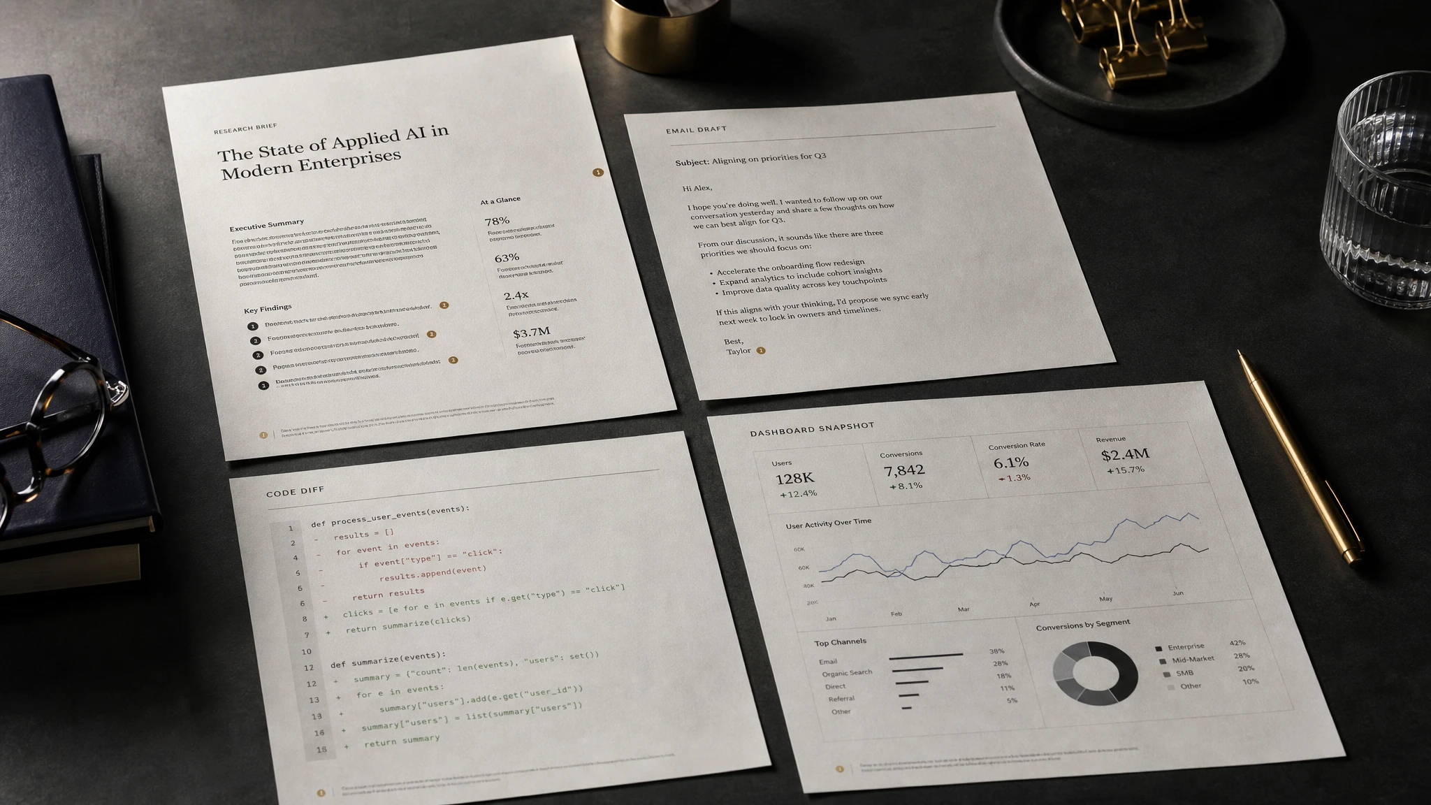 Finished reports, code, charts, and drafts laid out on a dark desk as durable artifacts of AI work.