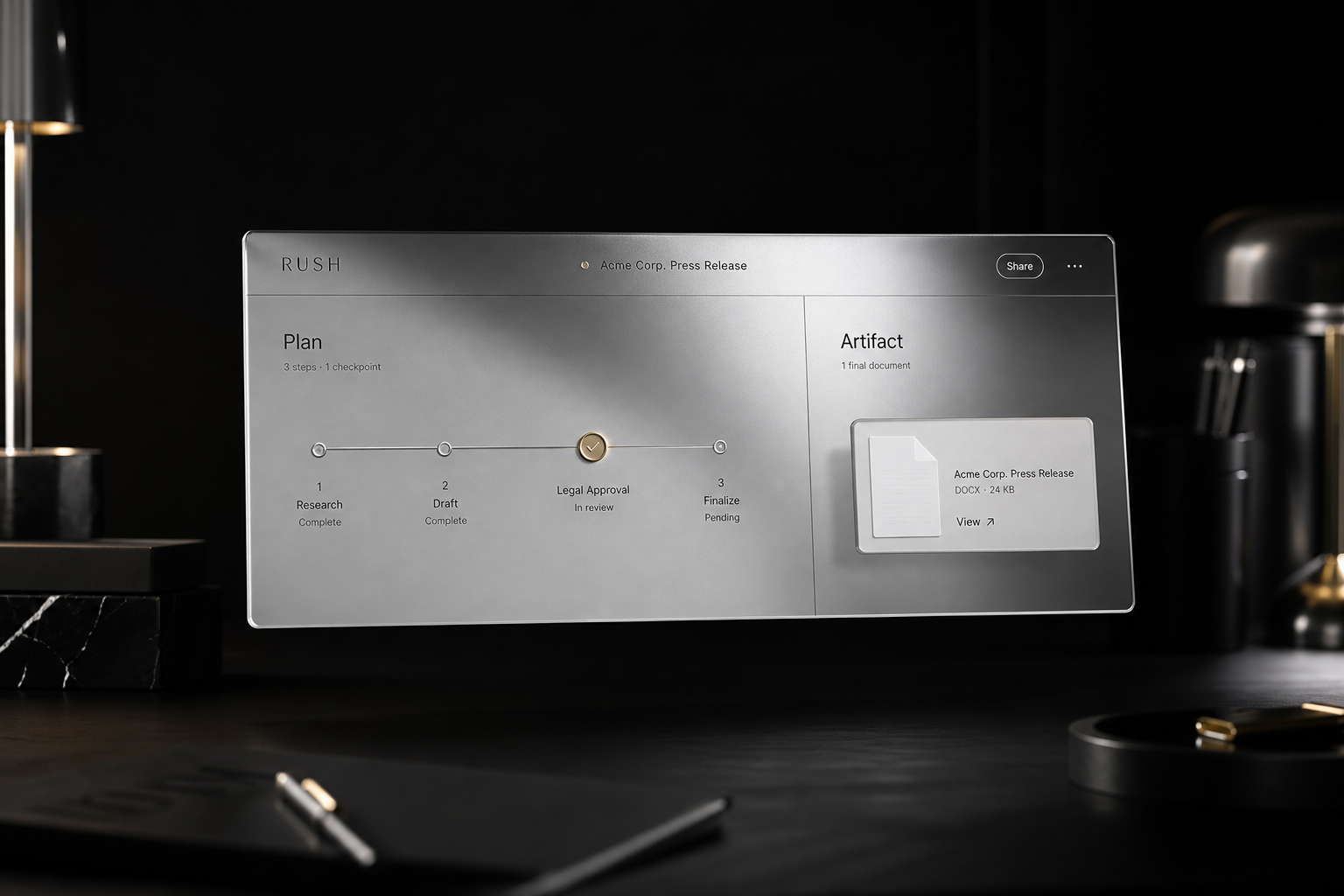 A dark desktop control surface showing a plan timeline, approval checkpoint, and finished document artifact card.