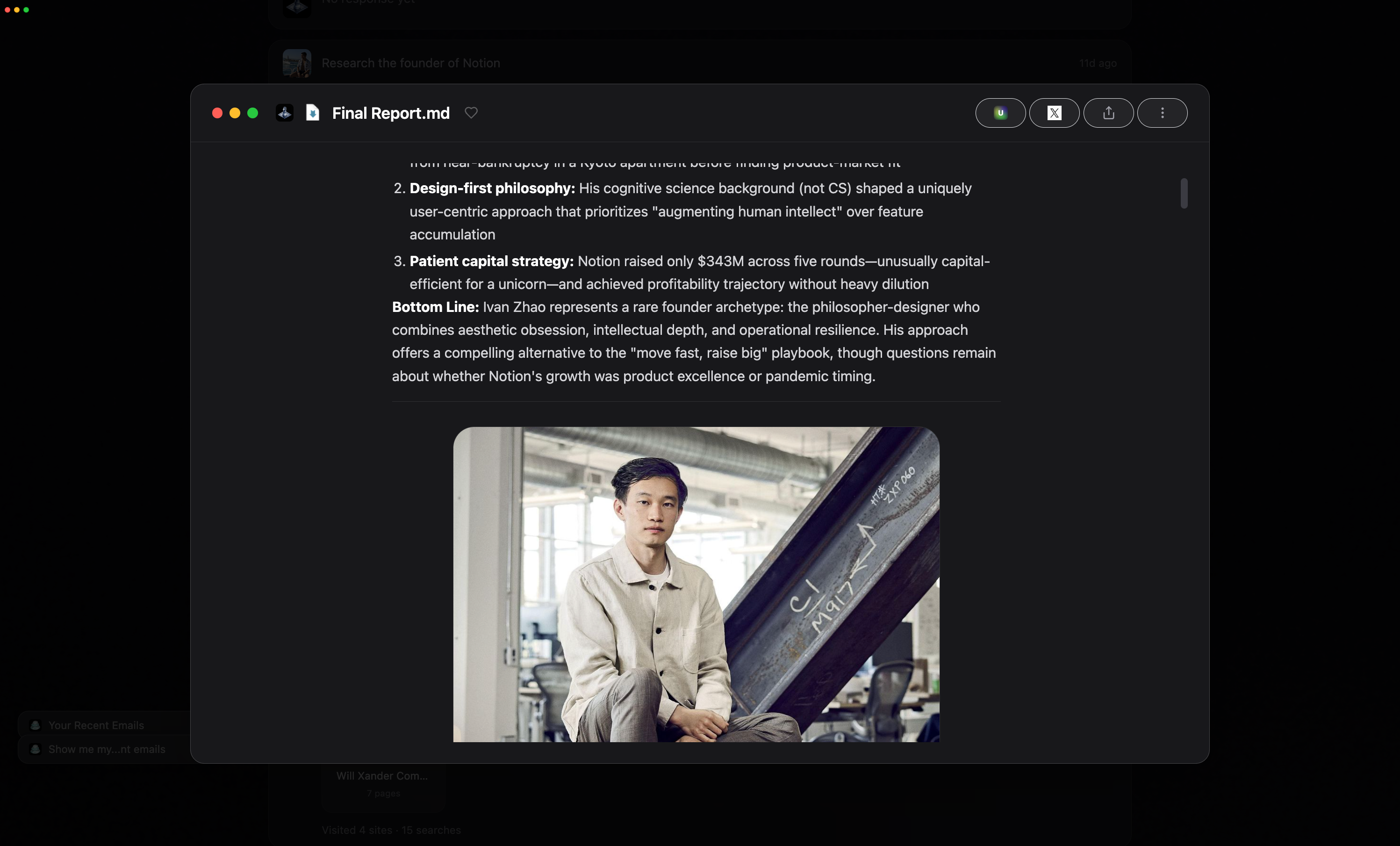 A Rush artifact viewer showing a finished deliverable with sources and structure preserved, so the human reviews a briefing instead of reconstructing the work from chat history.