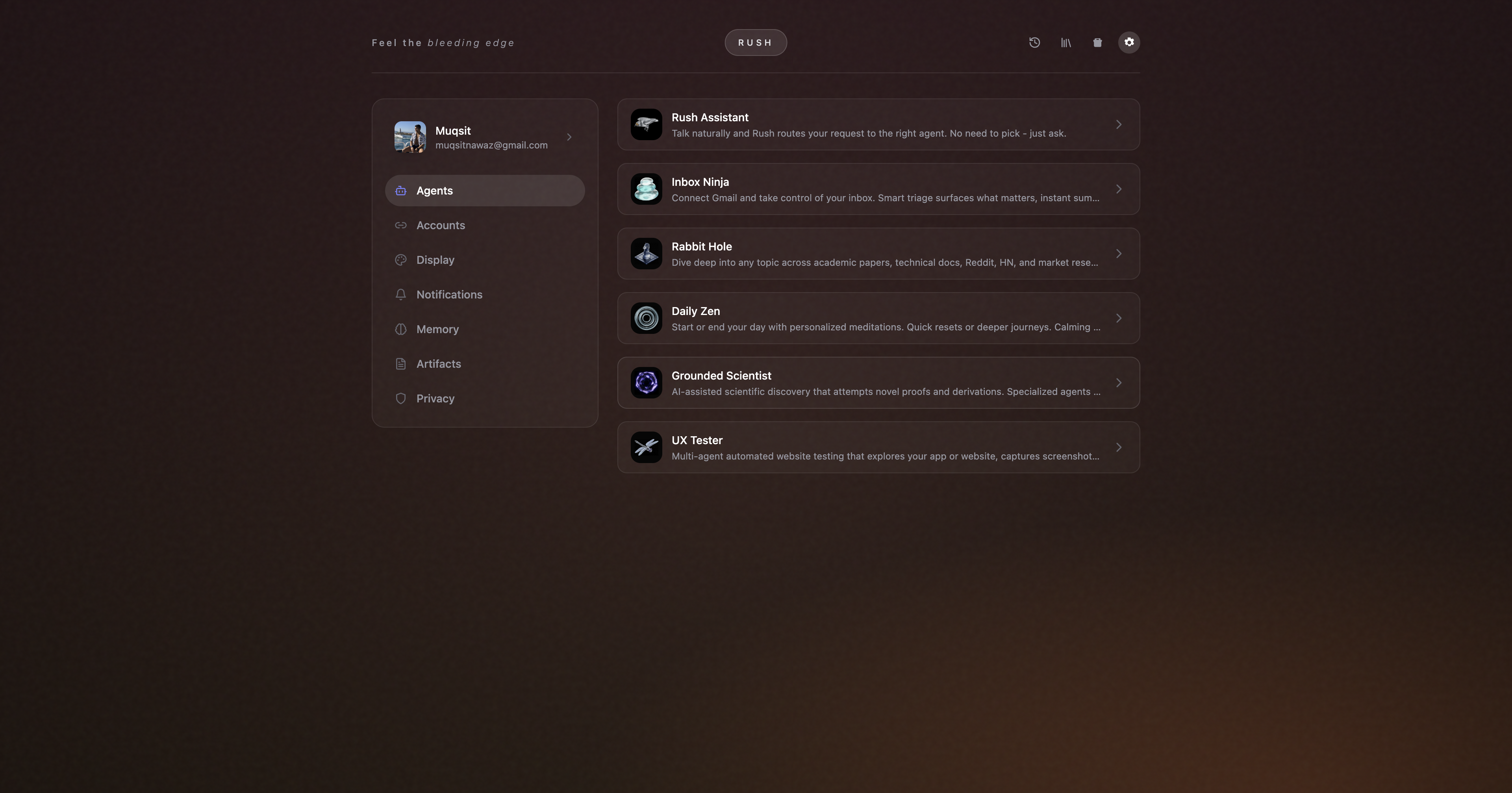 Open Settings, click Accounts, and connect what you want — sign-in opens in your real browser, then closes.
