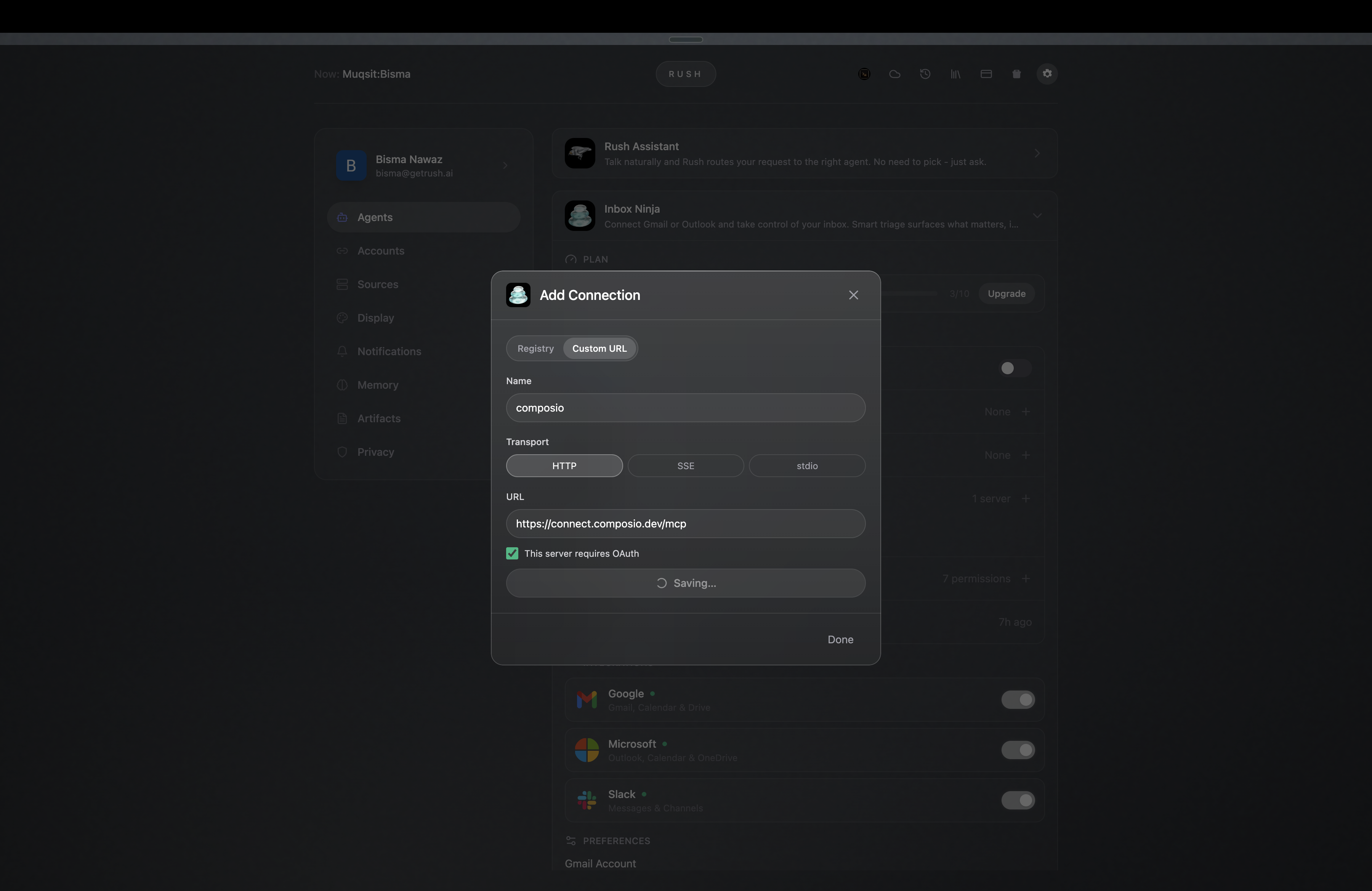 Add any MCP server by URL — name it, pick a transport, flag OAuth, and Rush connects it.