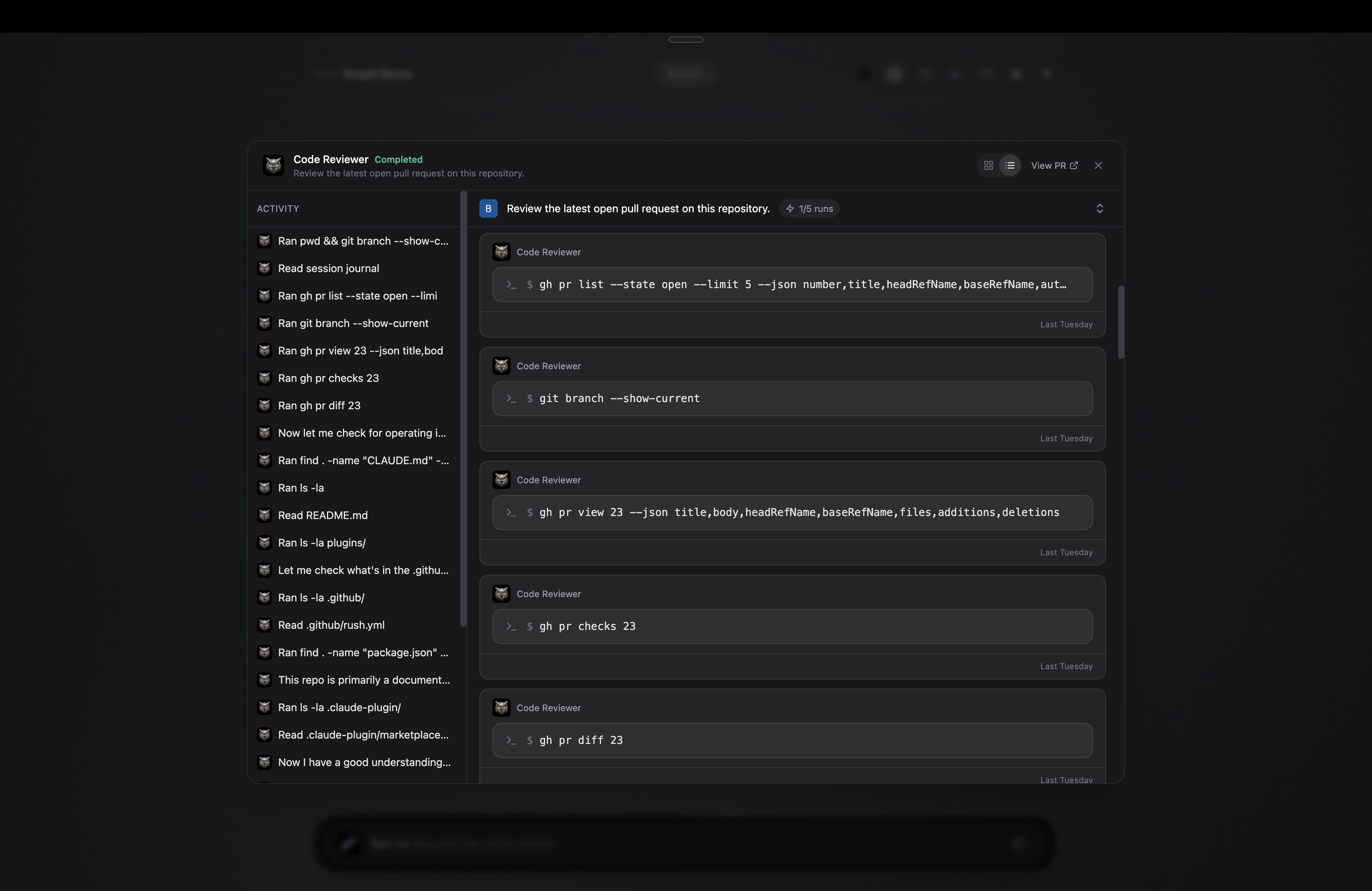 A cloud run in Rush — Code Reviewer works through a pull request, streaming each step live