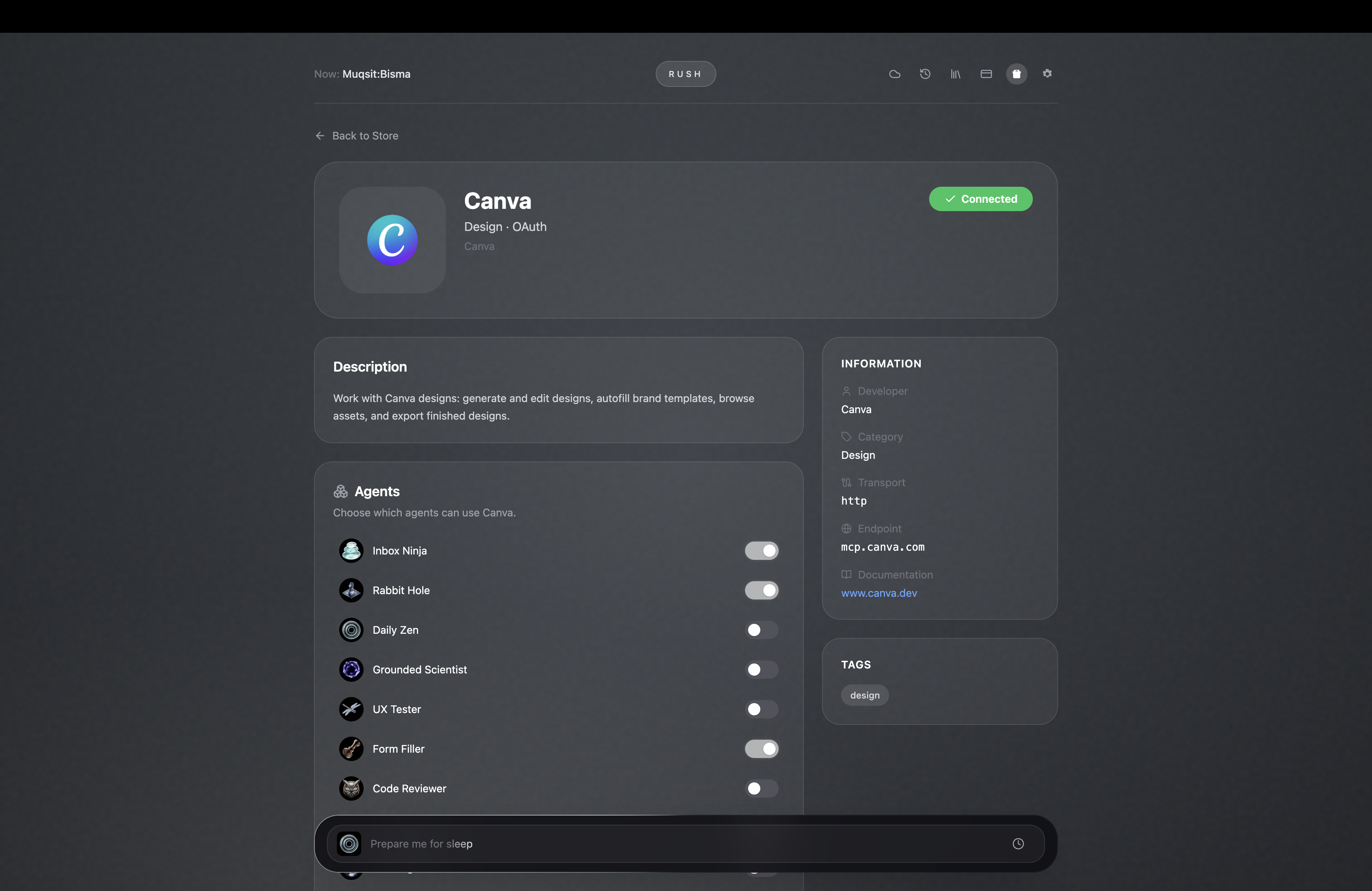 A connector's detail — connected over OAuth, with a per-agent toggle for who can use it.