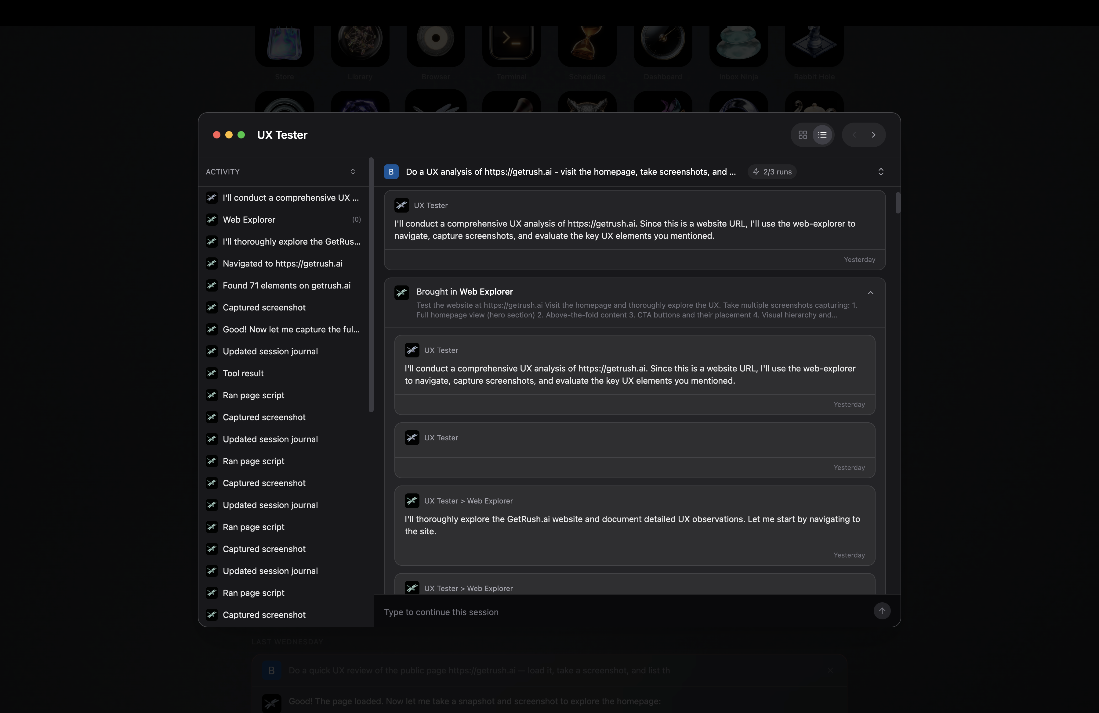 Every run opens the same live detail view — the activity timeline on the left, each step on the right as it happens.